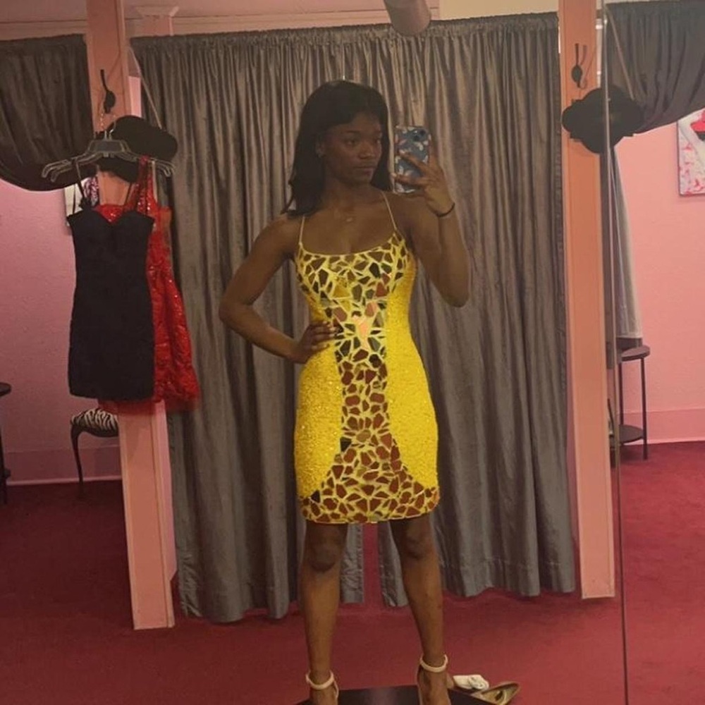 Yellow Mosaic Slip Mini Dress with Spaghetti Straps